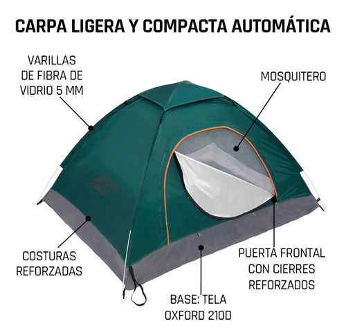 Carpa Camping 3 Personas 200x150x115 Automatica Impermeable Verde - 3