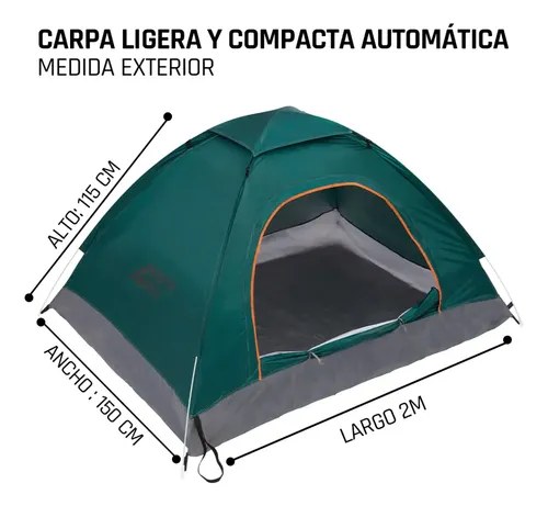 Carpa Camping 3 Personas 200x150x115 Automatica Impermeable Verde - 4