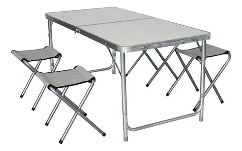 Mesa Plegable Rectangular De Aluminio Cammpy Full Con 4 Banquitos, Gris
