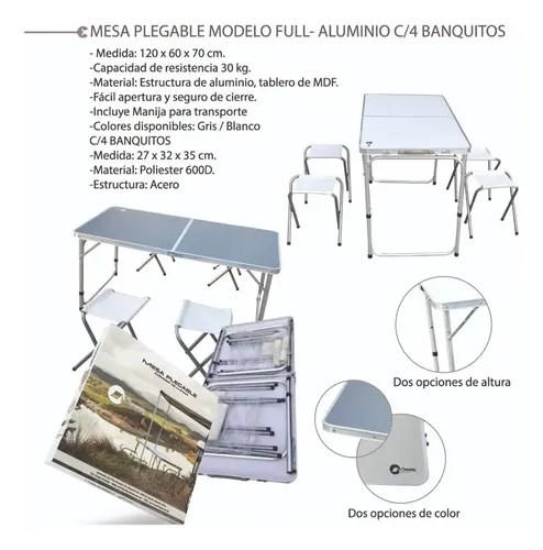 Mesa Plegable Rectangular De Aluminio Cammpy Full Con 4 Banquitos, Gris - 6