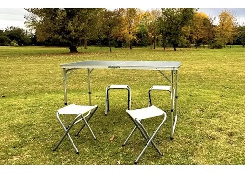 Mesa Plegable Rectangular De Aluminio Cammpy Full Con 4 Banquitos, Gris - 7