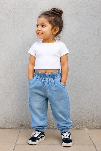 Babucha Baggy Denim Liviano Gatito Para Bebé Niña Celeste Denim 3 - 6