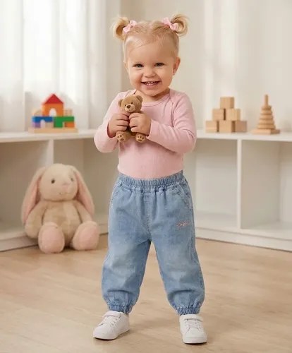 Babucha Baggy Denim Liviano Gatito Para Bebé Niña Celeste Denim 6