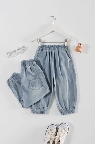 Babucha Baggy Denim Liviano Gatito Para Bebé Niña Celeste Denim 6 - 3