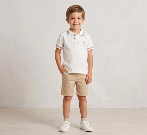 Chomba De Algodón Manga Corta Para Niños Natural Bordado 14 Liso