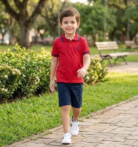 Chomba De Algodón Manga Corta Para Niños Rojo Bordado 8 Liso