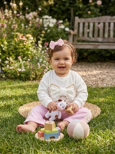 Conjunto Gosha Bebé Buzo Micropolar, Vincha Y Pantalón Natural Y Rosa 3-6 M