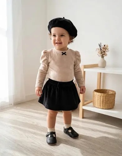 Conjunto Trio Body Pluh Pollera Y Boina De Bebé Camel / Negro 3-6 M