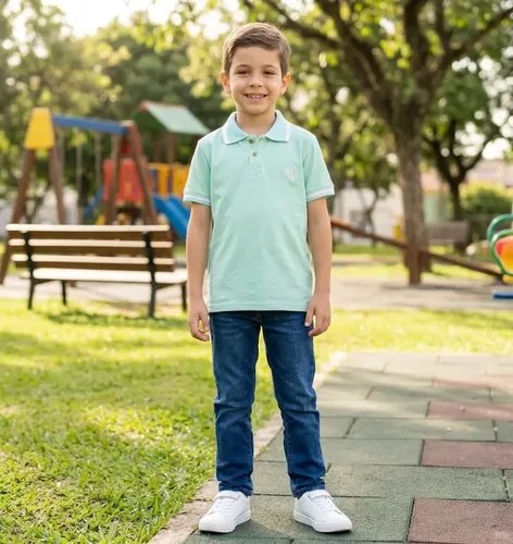 Chomba De Algodón Manga Corta Para Niños Verde Bordado 16 Liso
