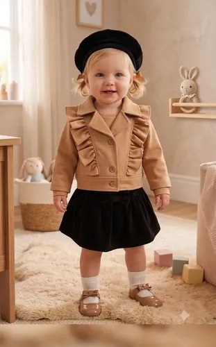 Conjunto 3 Pieza Chaqueta Pollera Y Boina Para Beba Camel / Negro 18-24 M