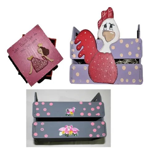 2 Canastitas De Madera Decoradas Y Alhajero Rosa Fibrofaci Violeta