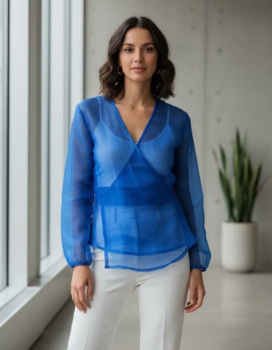 Blusa Abierta Con Cinto Blue Para Mujer Gasa T-l Oufit Danza Azul Lisa 3