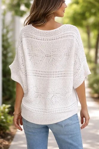 Blusa Tejida Blanca T-m Hilo Algodon Hombro 44 Largo 62 Blanco M - 3