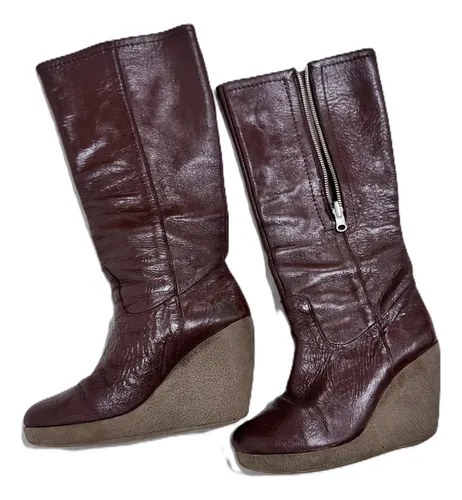 Botas N°37 Cuero Marrón Gg Taco Chino Goma Marrón Liso 37 Ar