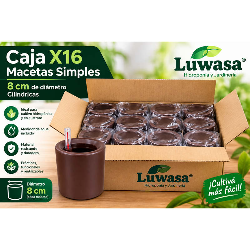 Caja X16 Macetas Simples 8 Cm Cilindricas con medidor de agua
