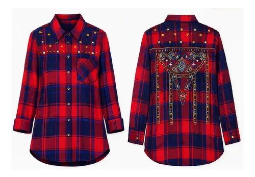 Camisa Leñadora Wanama Tono Bordo Azul T-m -44 Bordado Rojo Ajedrez M