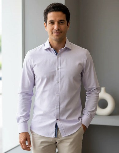 Camisa Tommy Hilfiger T-m Lila Claro Cuadritos Algodón Home Agua Geométrico M
