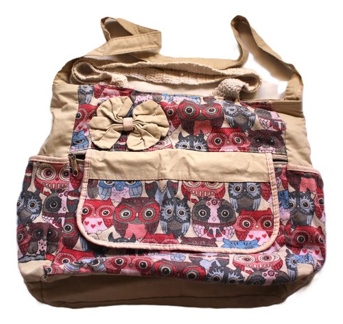 Cartera Beige Buho Gabardina Gruesa Bolsillos Liviana Beige Búho