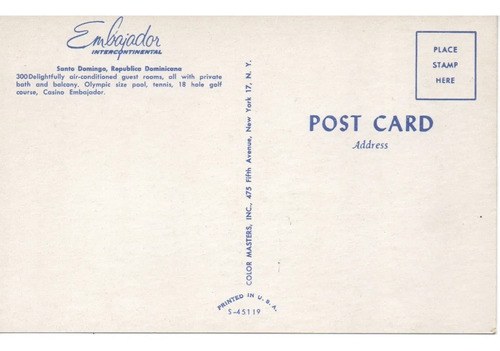 Antigua Postal Turística Hotel Embajador Santo Domingo 1960 - 2