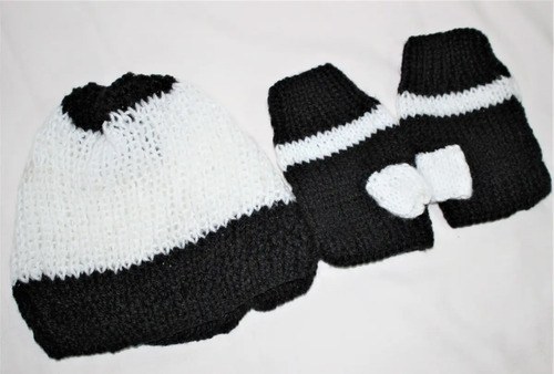 Gorro De Lana Tejido A Mano Y Guantes En Blancoy Negro Negro Unico - 8