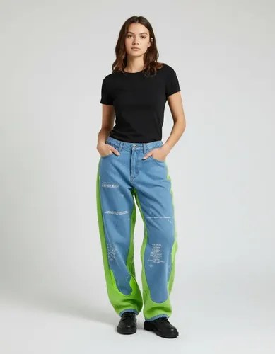 Jean Con Apliques Verdes- T 42 Cintura 44 Cm, 32 Ajustable Celeste Geométrico M-l
