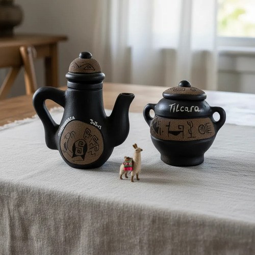 Lechera Barro Cocido Y Azucarera / Utensillo Decorativo Negro Motivos Andinos / Decorativo