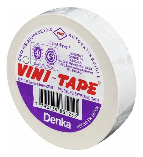 Cinta Aisladora Vini Tape Rollo 19mm X 20 Metros Blanca Blanco