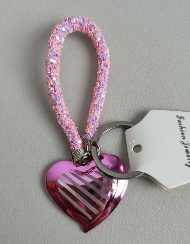 Llavero Corazón Metalizado Rosa Con Tira Glitter 10 Cm Total Rosa