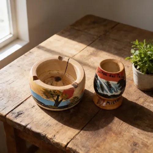 Mate Chico De Adorno Y Cenicero De Madera Marrón Claro Pintado