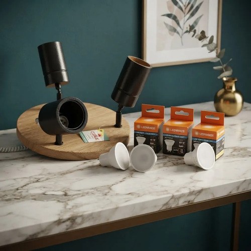Plafon Techo Carilux Madera Roble + Dicroicas 5w Luz Fria Negro