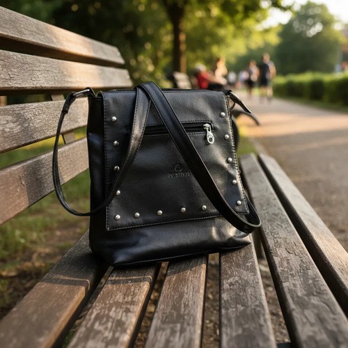 Morral Cartera Negro Símil Cuero Piu Excelente Negro Liso Níquel