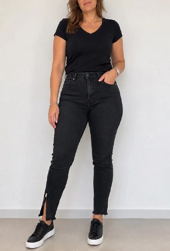 Pantalon Jeans Mujer Negro T-44 Skinny Elastizado Tiro Alto Negro Liso L