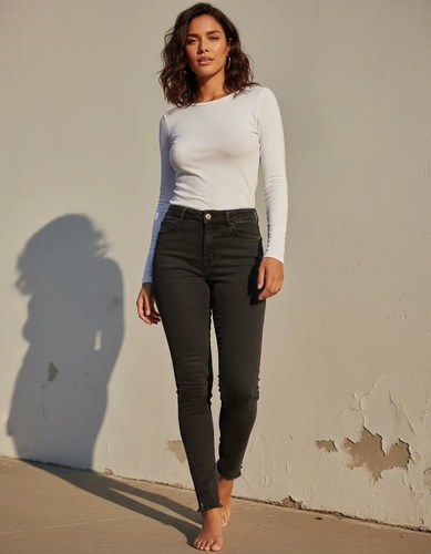 Pantalon Jeans Mujer Negro T-44 Skinny Elastizado Tiro Alto Negro Liso L - 5