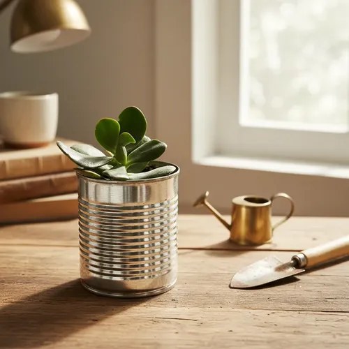 Plantita De Suculenta Crassula O Jade En Maceta De Lata Agua