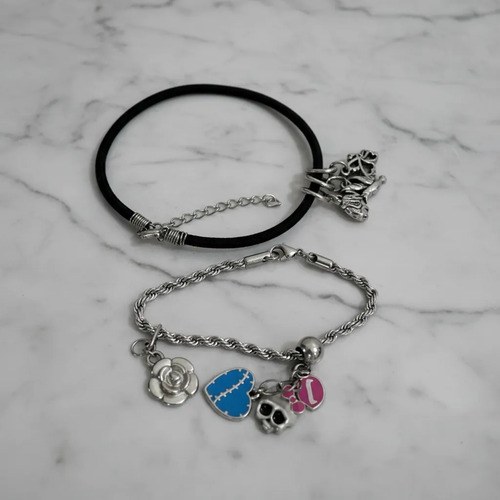 Pulsera Acero Quirúrgico Y Tobillera Cuero Con Dije Fantasy Plateado 50.8 Cm