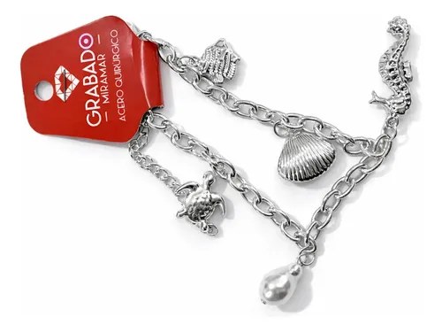 Pulsera De Acero Quirúrgico Dijes Marinos Perla Miramar Plateado 21 Cm 22 Cm