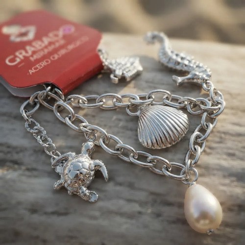Pulsera De Acero Quirúrgico Dijes Marinos Perla Miramar Plateado 21 Cm 22 Cm - 2