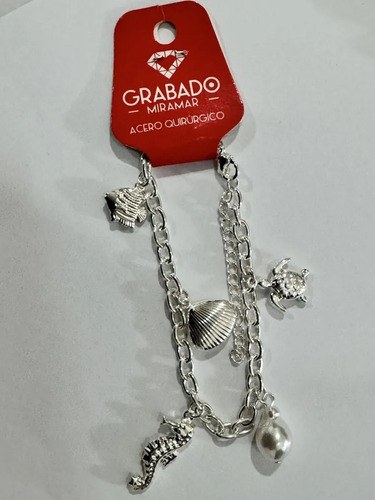Pulsera De Acero Quirúrgico Dijes Marinos Perla Miramar Plateado 21 Cm 22 Cm - 3
