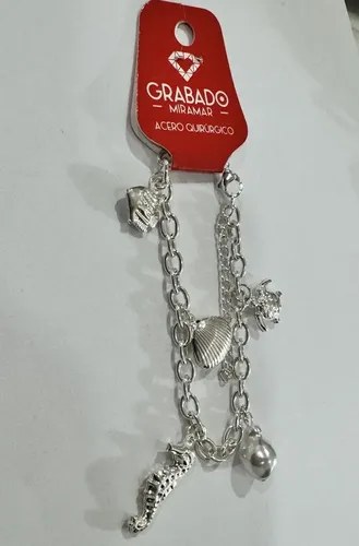 Pulsera De Acero Quirúrgico Dijes Marinos Perla Miramar Plateado 21 Cm 22 Cm - 5