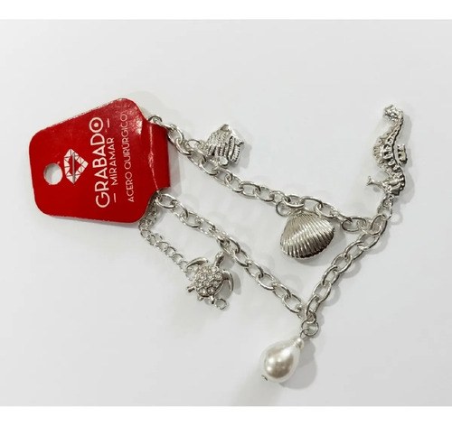 Pulsera De Acero Quirúrgico Dijes Marinos Perla Miramar Plateado 21 Cm 22 Cm - 6