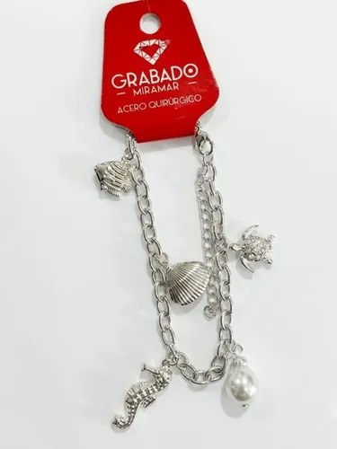 Pulsera De Acero Quirúrgico Dijes Marinos Perla Miramar Plateado 21 Cm 22 Cm - 7