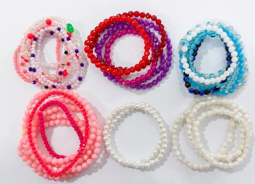 Pulsera Elástica Con Cuentas Facetadas Perladas Set X 28 Rosa 19 Cm
