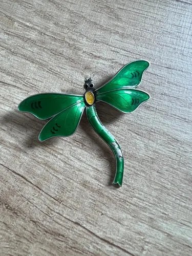Prendedor Libelula. Plata Y Esmalte. 1920 Verde