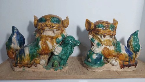 Par De Leones Estatuas Perros, Leones Foo Ceramica Blue