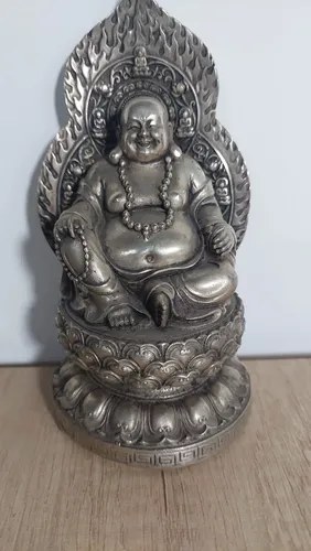 Estatua Buda Sonriente Maitreya Metal Plateado Feng Shui Plateado