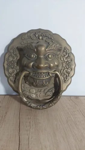 Llamador Aldaba Puerta Perro Fu Bronce Feng Shui Dorado Oscuro
