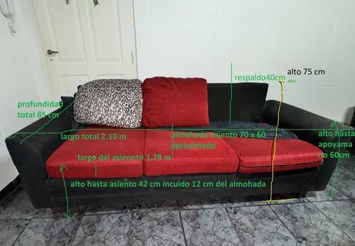 Sillon Sofa 3 Cuerpos Chenille Rojo Negro 2.10 M C-funda Negro Liso - 2