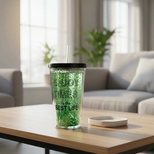 Vaso Con Tapa Y Sorbete Acrilico Frase Brillos Verde 500 Ml Verde