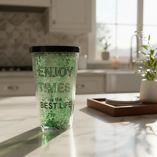 Vaso Con Tapa Y Sorbete Acrilico Frase Brillos Verde 500 Ml Verde - 10