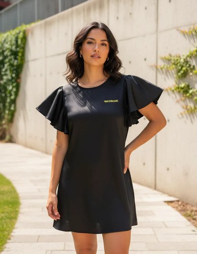 Vestido Corto Negro Monrow Con Mangas Volados Talle S M Negro Liso 40